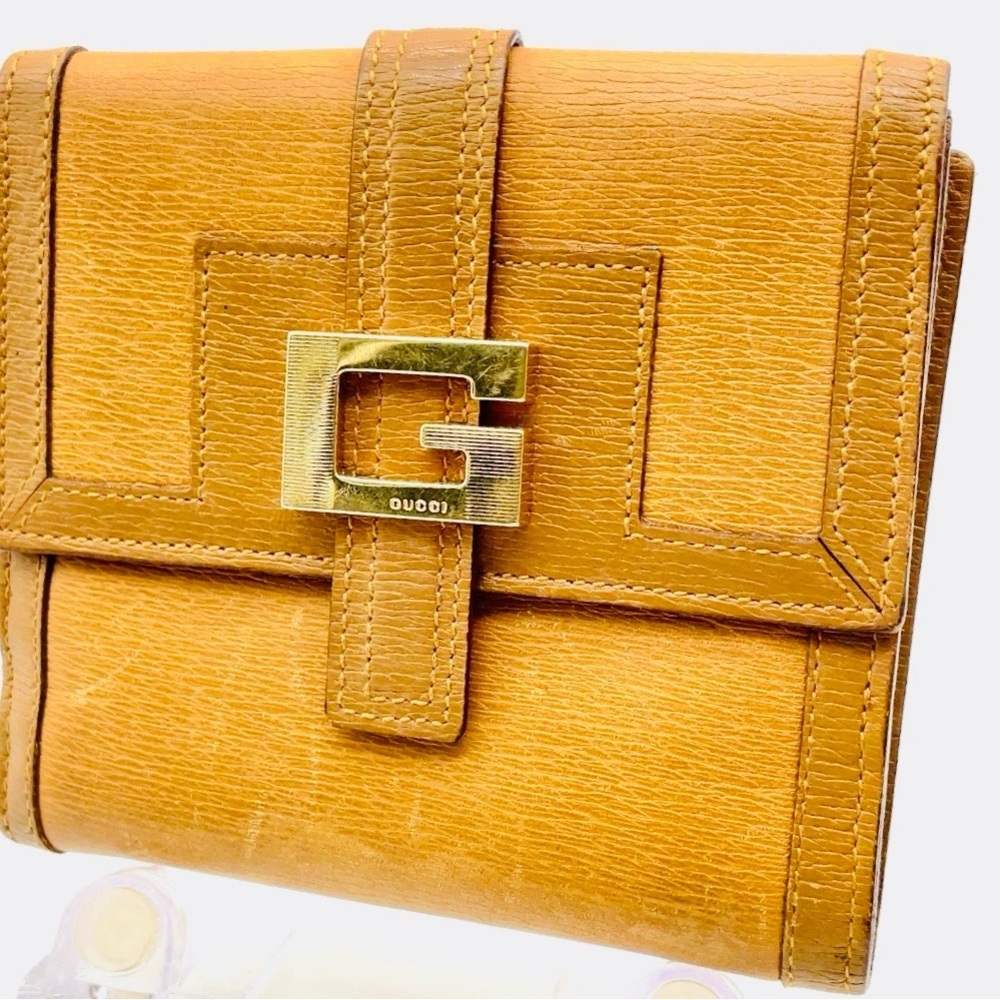 GUCCI GOLD G BUCKLE LEATHER BEIGE CANVAS WALLET BIFOLD Vintage - Picture 4 of 14